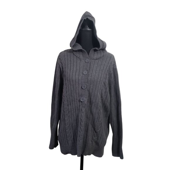 Vintage Womens Y2K Gray Ribbed Fisherman‎ Knit Hooded Cardigan Sweater Size 2X - Picture 5 of 10